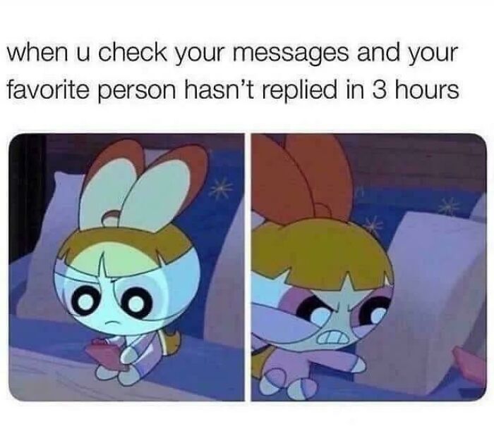 Cartoon character expressing frustration in bed, waiting for a text reply. Love meme.