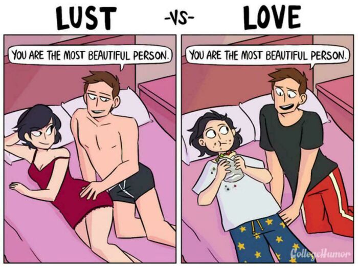 Comic contrasting lust vs love with a couple; one panel dressed up, the other in casual clothes.