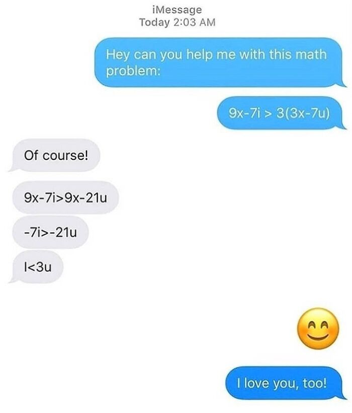 Text exchange with a love-themed math problem turning into a playful 'I love you' message.