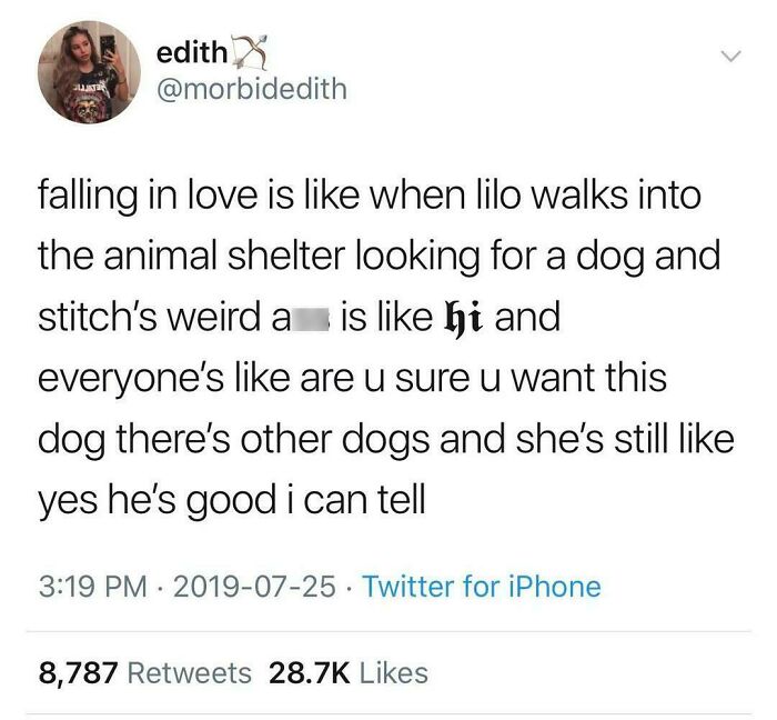 Tweet referencing Lilo and Stitch humorously describes falling in love.