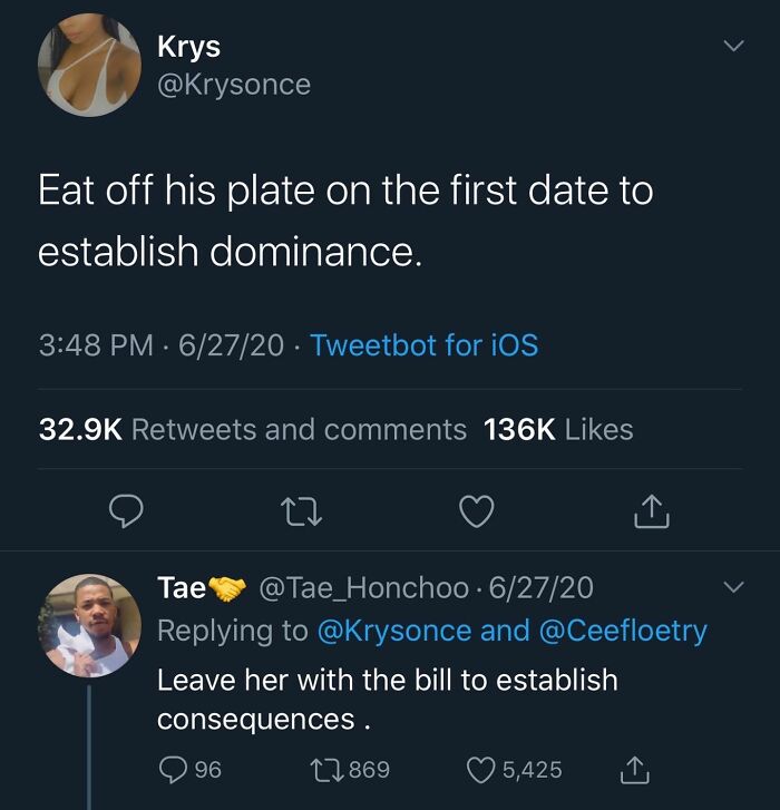 Two funny tweets about first date strategies and responses, highlighting a humorous take on establishing dominance.