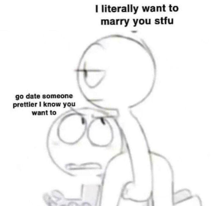 Two simple cartoon characters express conflicting thoughts about love.