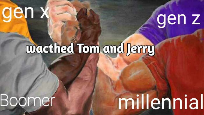 Generations arm wrestling, labeled Boomer to Gen Z, with text about watching Tom and Jerry, epitomizing random humor.