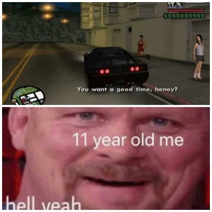 Two panel funny meme with a video game car and caption referencing an 11-year-old's humorous reaction.
