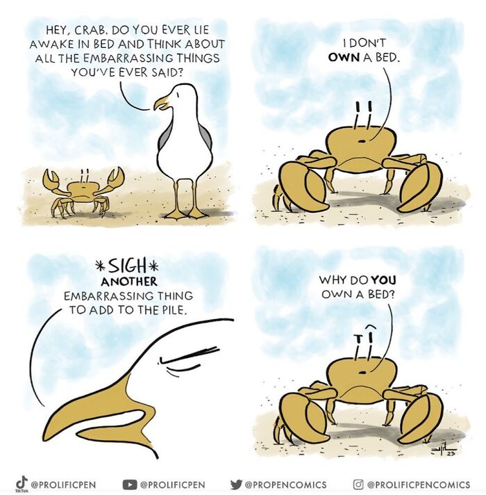 Crab and bird discuss funny human behavior about lying awake in bed, highlighting humor and embarrassment in comics by Yanni Davros.