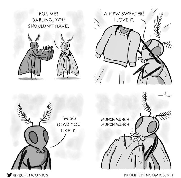 Insect comic by Yanni Davros humorously exploring human behavior with a sweater gift being eaten.