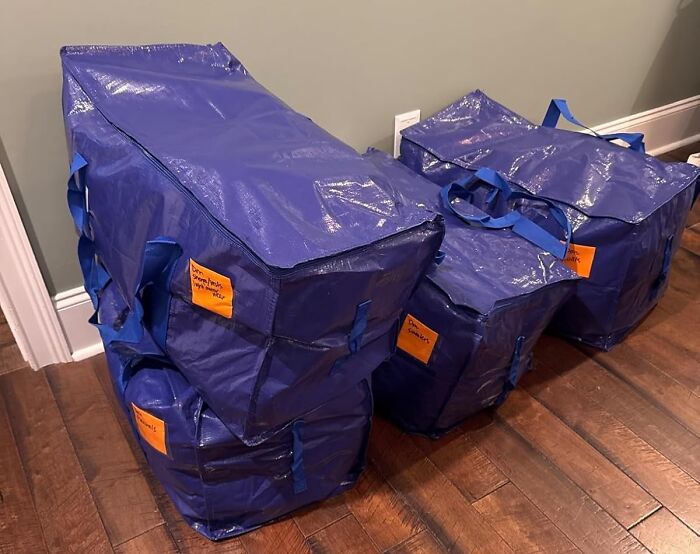 Blue storage bags from Amazon's spring sale, stacked on a wooden floor.