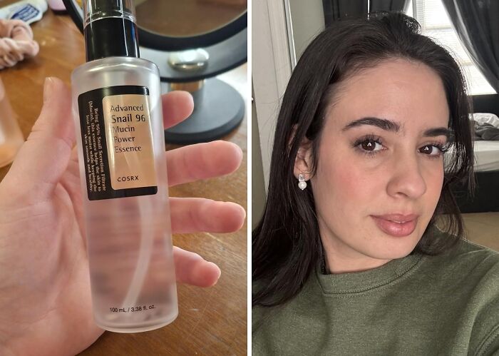 Cosrx Snail Mucin Essence from Amazon's spring sale beside a woman with clear skin wearing a green top.