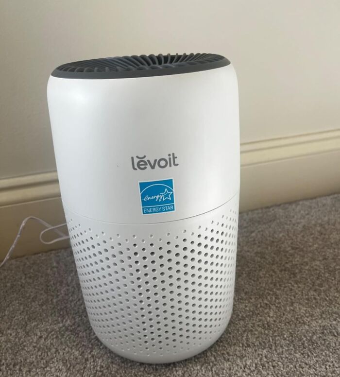 Levoit air purifier, an Amazon spring sale favorite, featuring an Energy Star label on a carpeted floor.