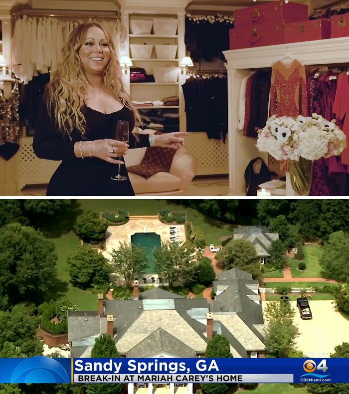 Mariah Carey smiling inside a luxury closet and aerial view of a Sandy Springs home after a celebrity home break-in.