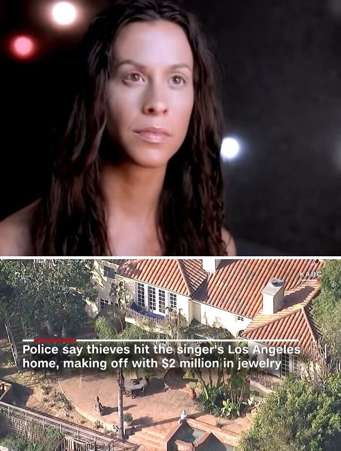 Singer Alanis Morissette with long hair and a Los Angeles home featured in celebrity homes broken into stories.