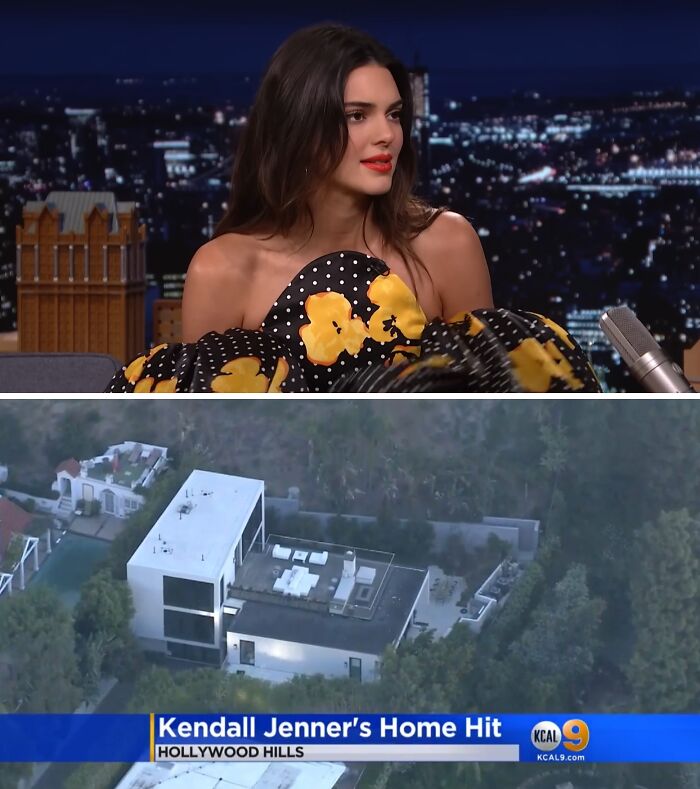 Kendall Jenner discussing celebrity homes broken into, with aerial view of her Hollywood Hills house after a break-in.
