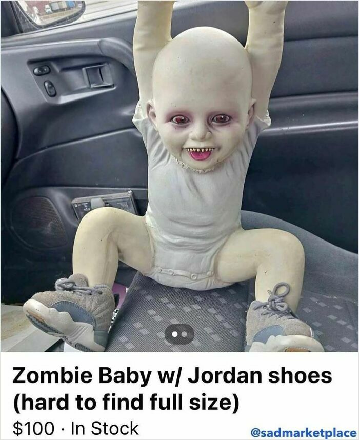 Zombie baby doll with Jordan shoes in car seat, part of random Facebook Marketplace listings.