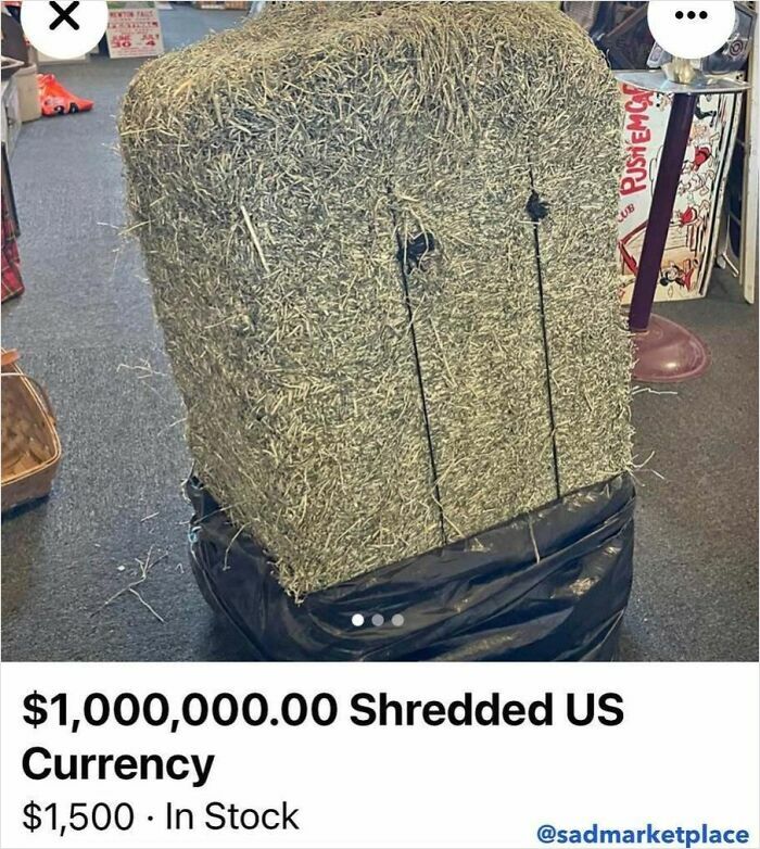 Bale of shredded currency listed for $1,500 on Facebook Marketplace, showcasing random listings.