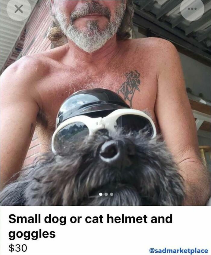 Man selling random small pet helmet and goggles on Facebook Marketplace.