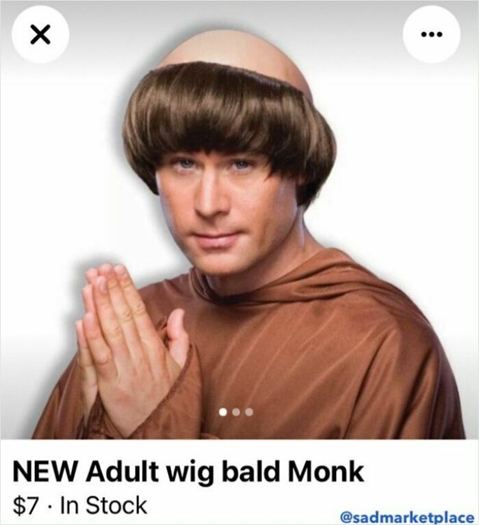Man in monk costume with a humorous bald wig listed on Facebook Marketplace.