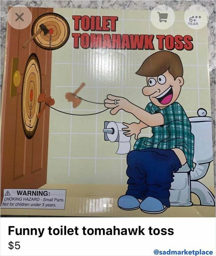 "Random Facebook Marketplace listing: Toilet Tomahawk Toss game for $5 with cartoon illustration on box."