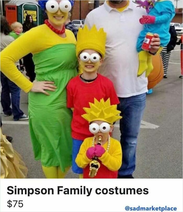 Family dressed in Simpson costumes with exaggerated eyes listed on Facebook Marketplace for $75.