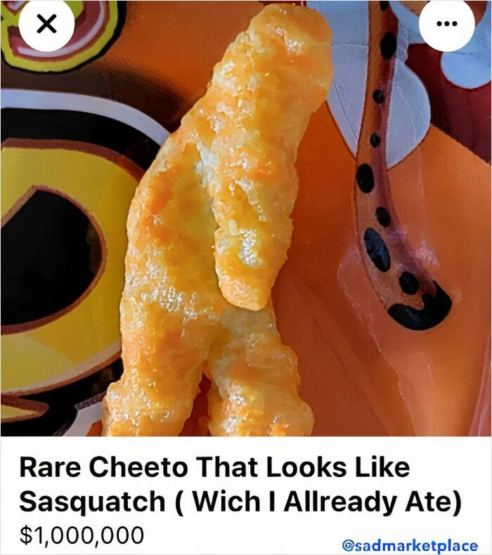 Rare Cheeto shaped like Sasquatch listed on Facebook Marketplace.
