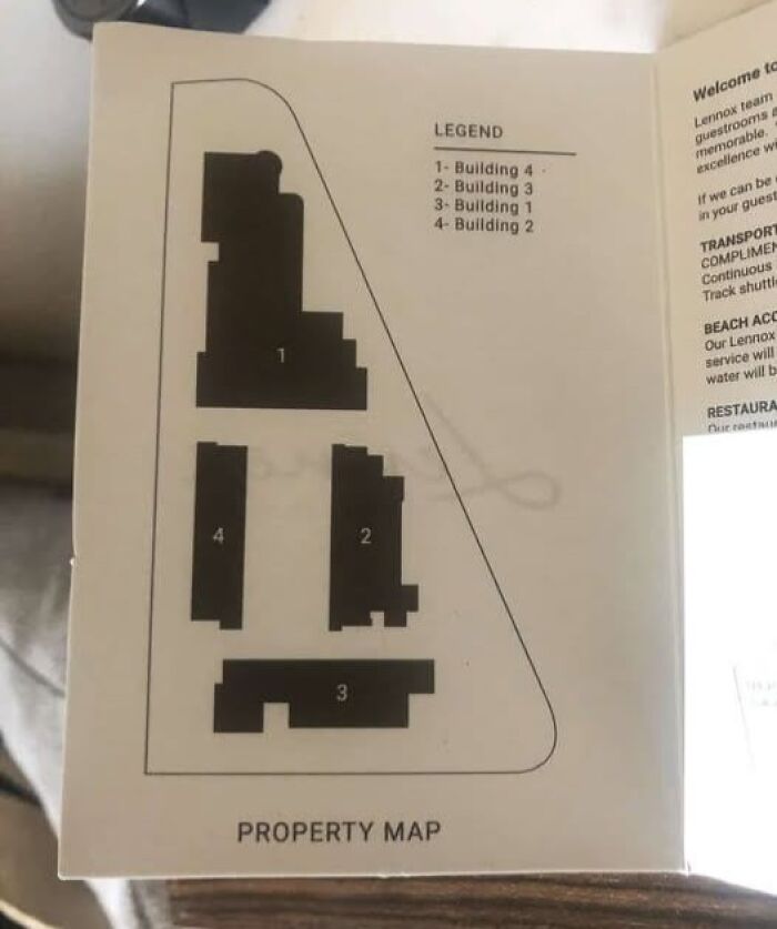 Confidently incorrect layout shown in a property map with mismatched building numbers and legend.