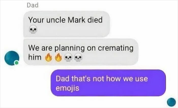 Confidently incorrect text message exchange about a funeral, with humorous misuse of emojis.