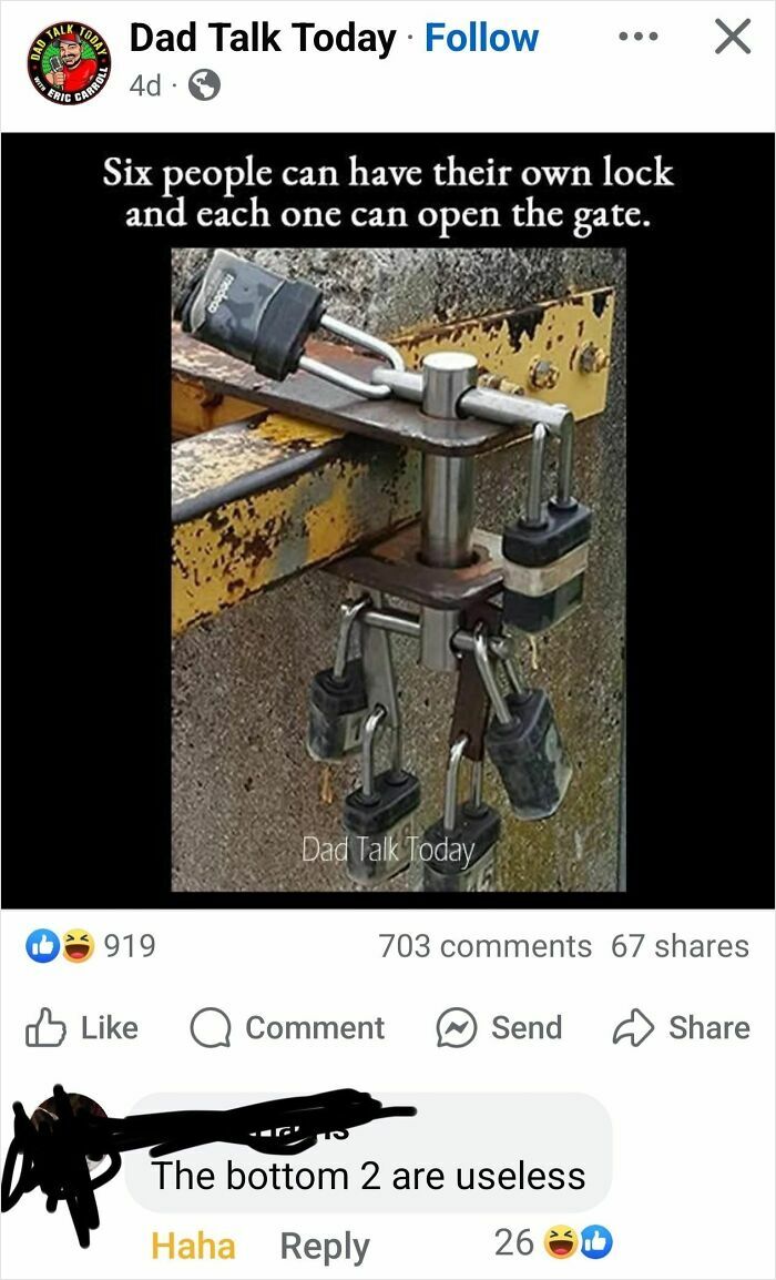 Six locks on a gate with a humorous comment, showcasing confidently incorrect logic.