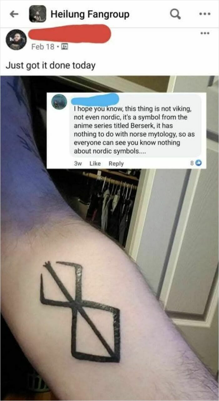 Tattoo of a symbol from an anime, accompanied by a comment pointing out a confident incorrect assumption about Nordic origins.