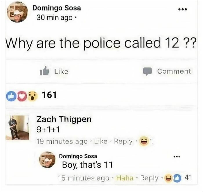 Confidently incorrect online exchange about police being called "12," leading to a humorous math fail.
