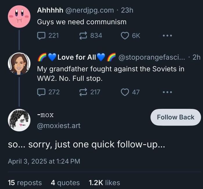 Social media post with confidently incorrect comments about communism and WW2, prompting a humorous response.