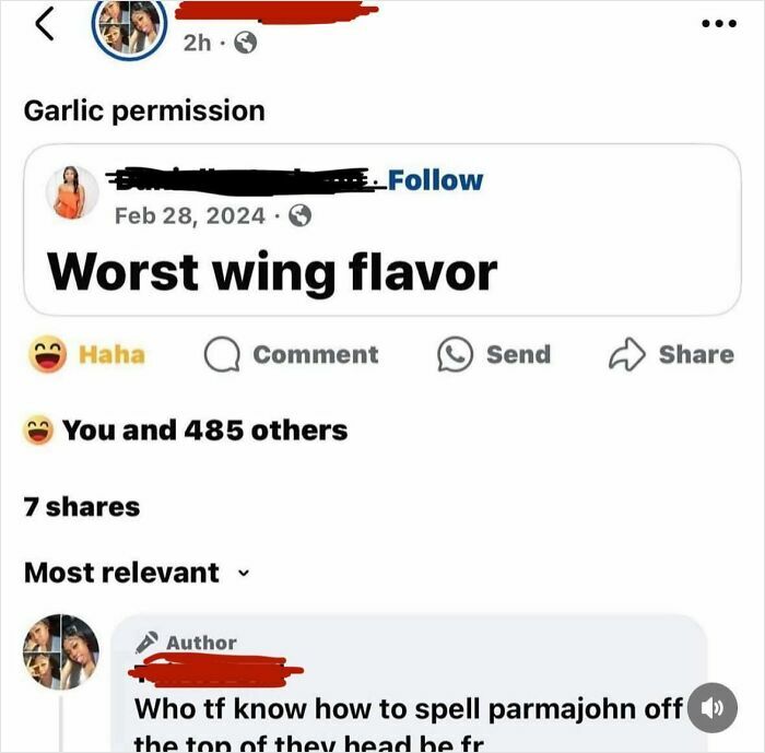 Confidently incorrect post about "worst wing flavor," amusing comments on spelling blooper "parmajohn."