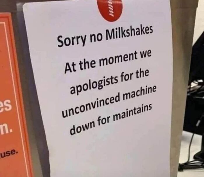 Sign with text errors about milkshake machine maintenance, showing a confidently incorrect fail.