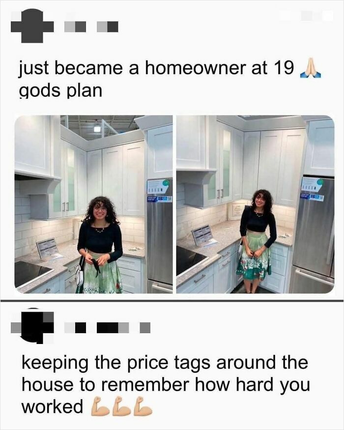 Young woman posing in a store display kitchen, humorously illustrating a confidently incorrect moment.