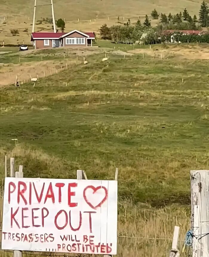 Sign on a fence in front of a house reads "Private, Keep Out, Trespassers Will Be Prostituted" with a heart drawing.