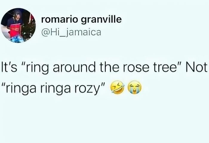 Tweet showing "Confidently Incorrect" fail: a mix-up of "Ring Around the Rosie" lyrics with emojis.