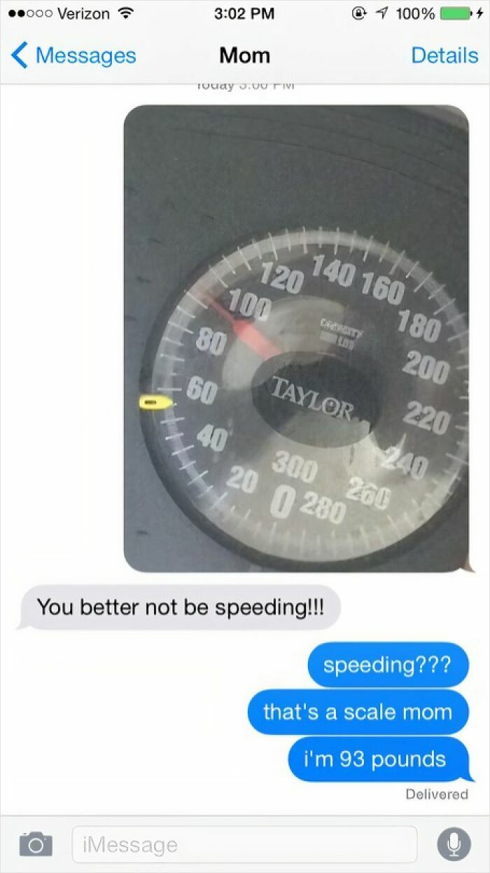 Text message mix-up about a scale mistaken for speedometer, showcasing a confidently incorrect fail.