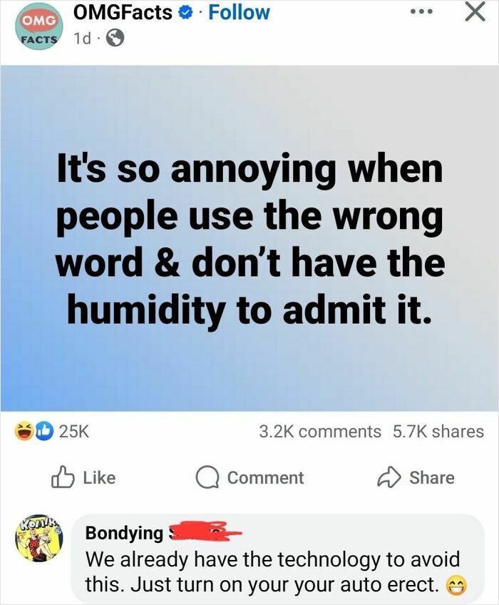 Text post humorously misuses "humidity" instead of "humility" with a witty comment below, showcasing confidently incorrect fails.