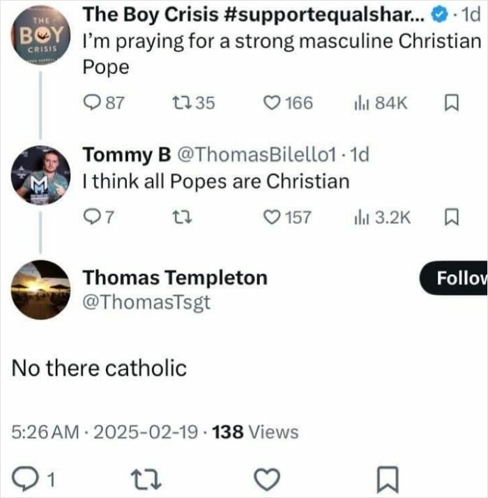 Confidently incorrect comments about the Pope being Christian, culminating in a humorous misunderstanding.