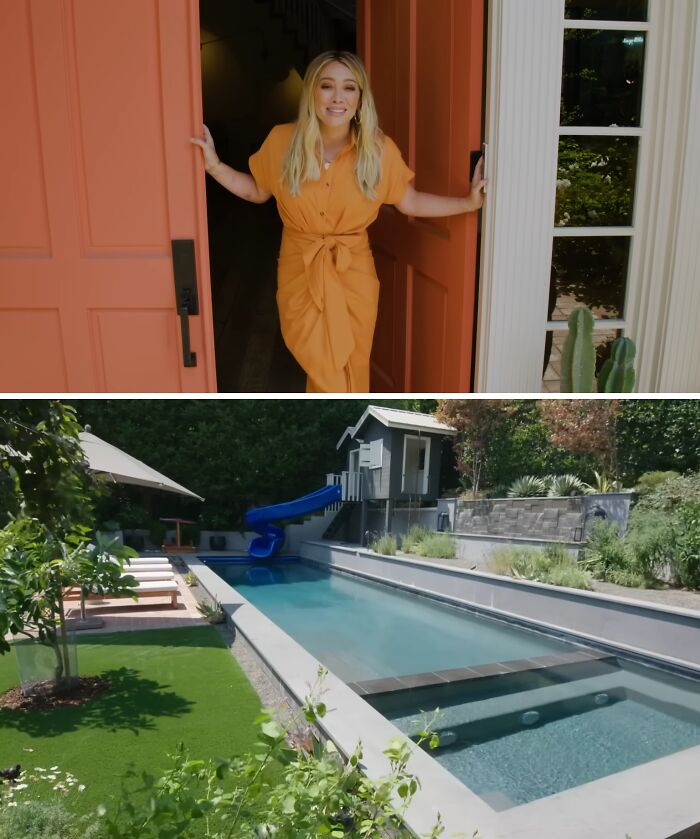 Woman in an orange dress opening a door and a modern backyard with a pool and slide in a celebrity home break-in context