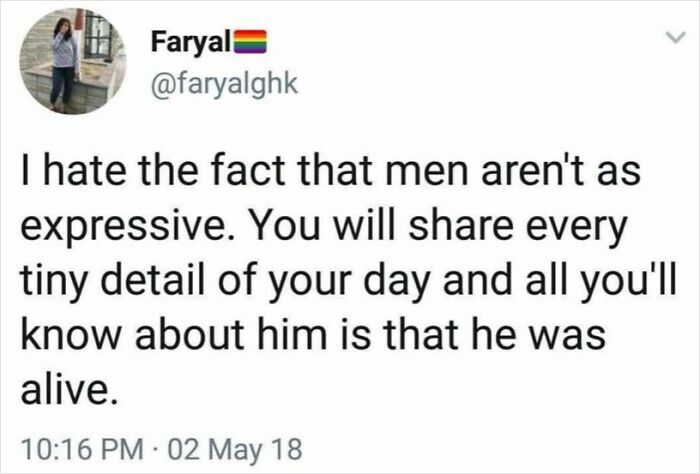 A Twitter meme about love, highlighting differences in communication between partners, with a humorous take.