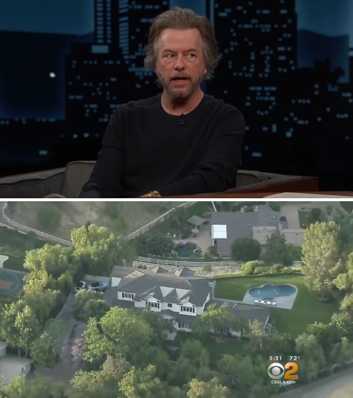 Comedian discussing topic with aerial view of a celebrity home surrounded by trees, related to celebrity homes break-ins.