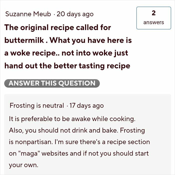 Online comments on a buttermilk recipe debate replacing ingredients and cooking preferences.