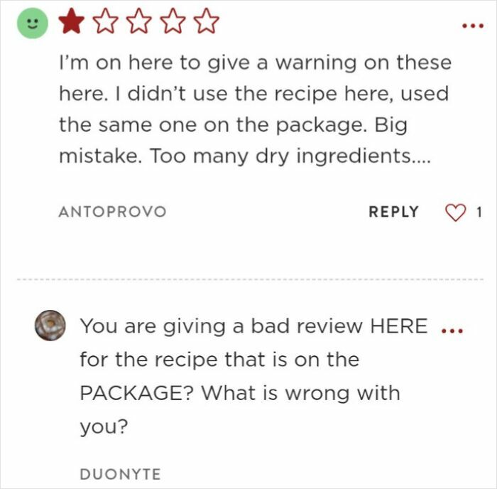 Recipe review debate: One star given for following package instructions, followed by critical reply questioning the decision.