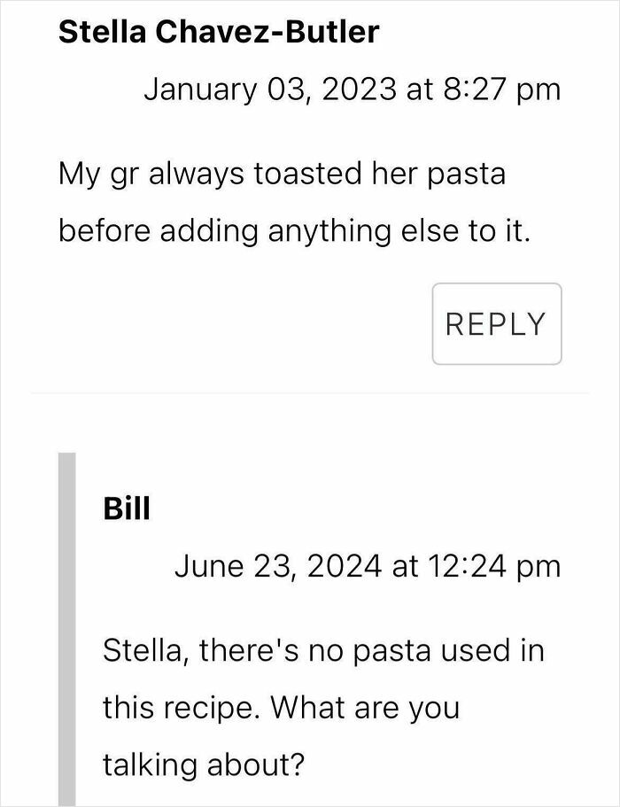 Comments about a recipe mix-up, questioning the use of pasta.