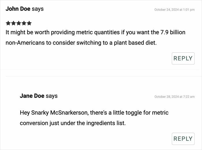 Comments about metric conversions in a recipe discussion, addressing a plant-based diet suggestion.
