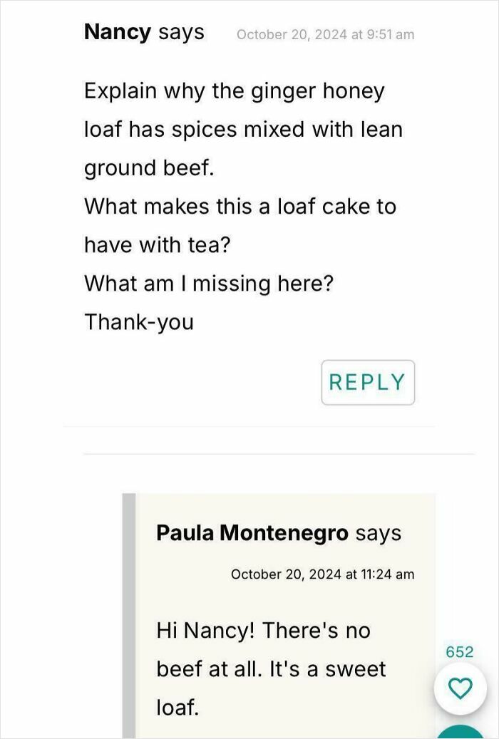 Chat exchange about misunderstanding a ginger honey loaf recipe, mixing spices with ground beef instead.