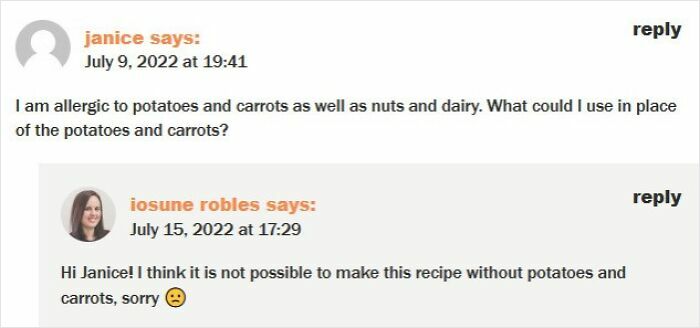 Comment thread discussing alternative ingredients for a recipe without potatoes and carrots.