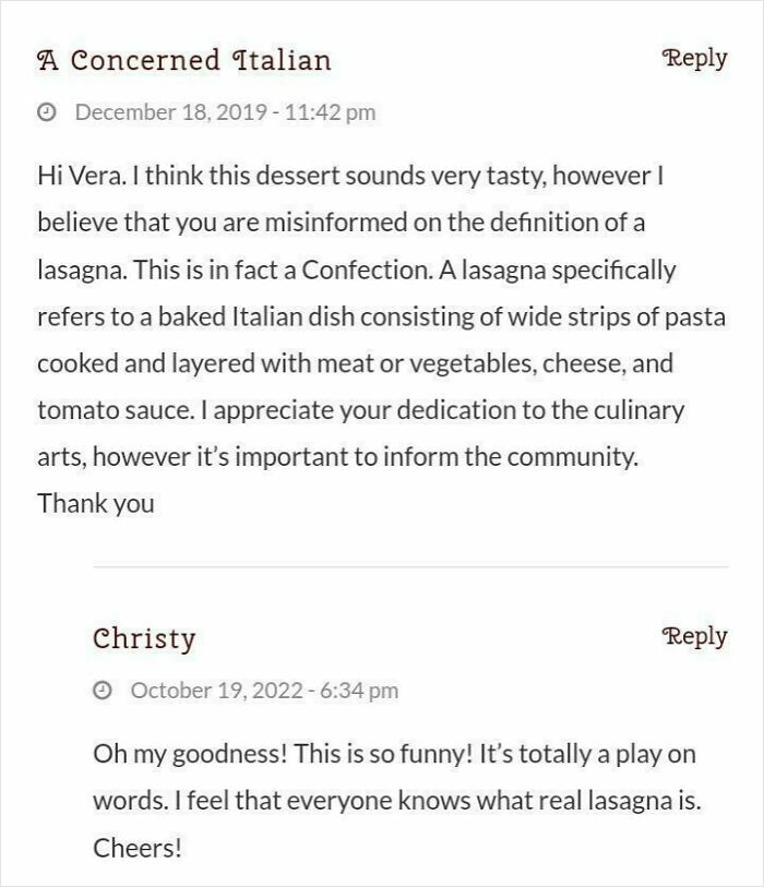 Text exchange about a dessert lasagna being called a confection, showing reactions to recipe deviations.