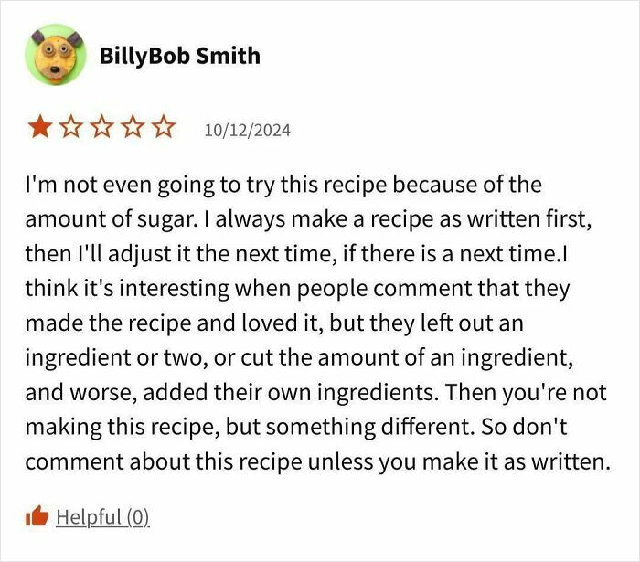 BillyBob Smith's review criticizing altered recipes, rated two stars, emphasizing the importance of following the recipe.