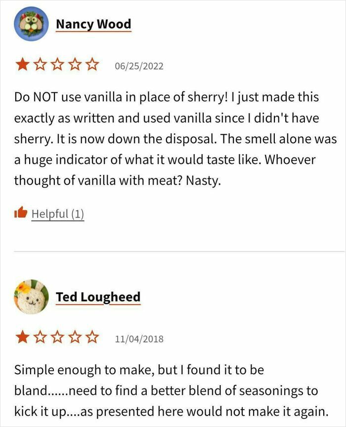 Recipe fail reviews with negative ratings and comments on substitutions.