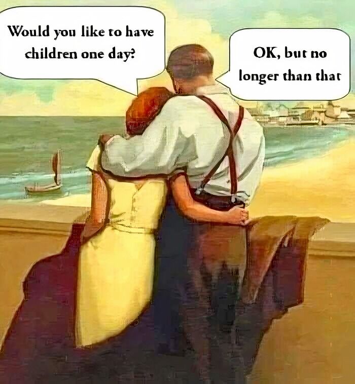 Couple in classical painting meme by the sea, discussing having children humorously.